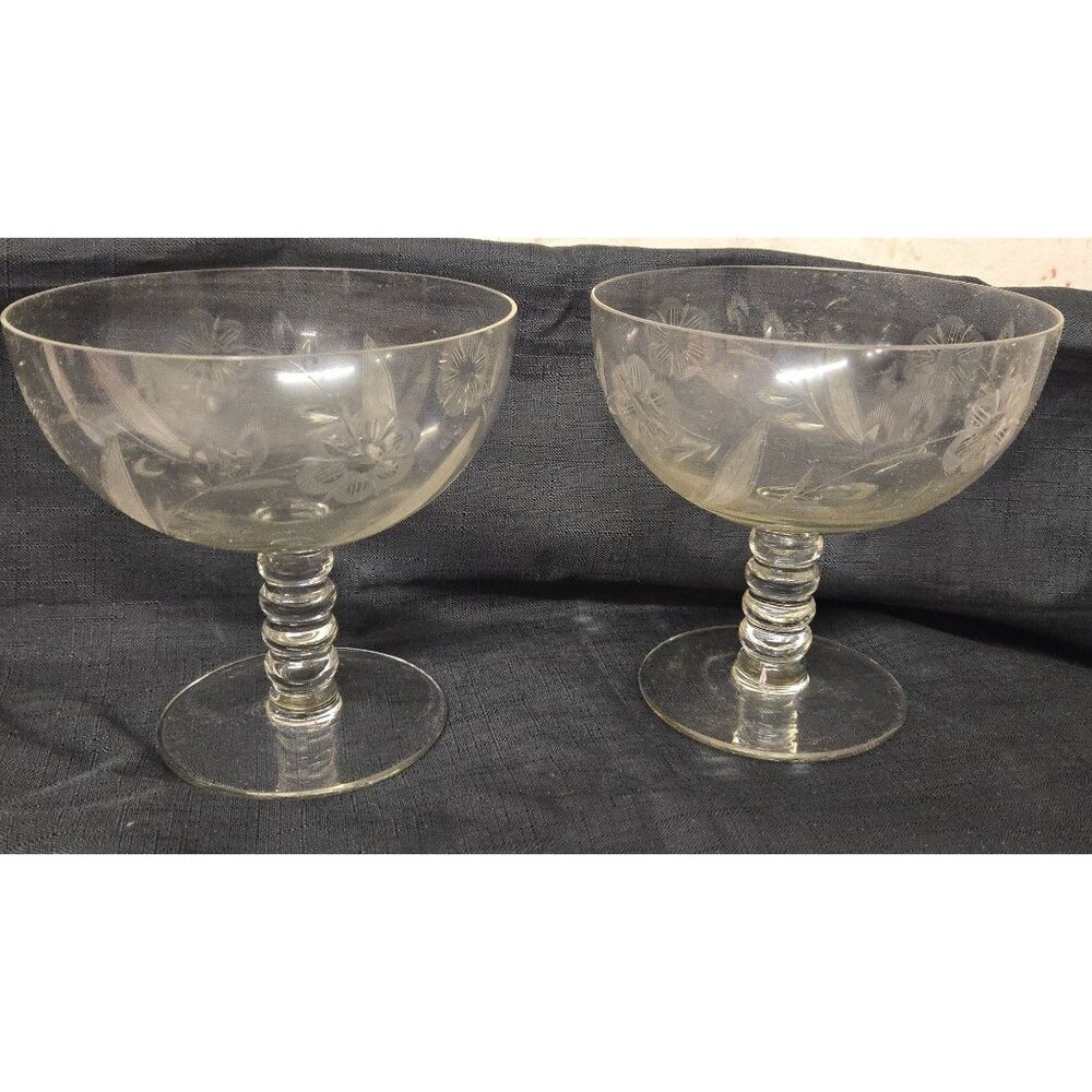 Vintage Pair of 6" Etched Floral Glasses Stemed Sherbet
